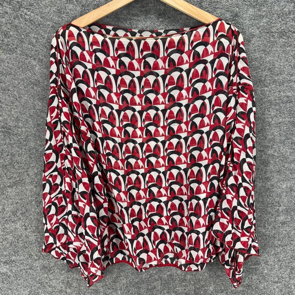 Unbranded Blouse Women M Medium Red Geometric Long Sleeve Round Neck Silk